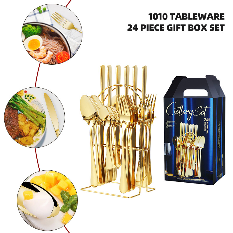 Stainless Steel 24 Pieces Silverware Case Spoons Forks Sets Flatware Gold Cutlery Set