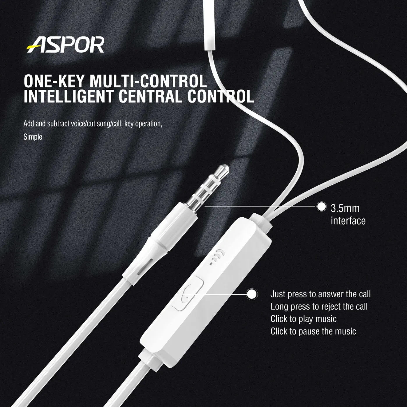 Наушники Aspor внутриканальные с микрофоном, 3.5 мм