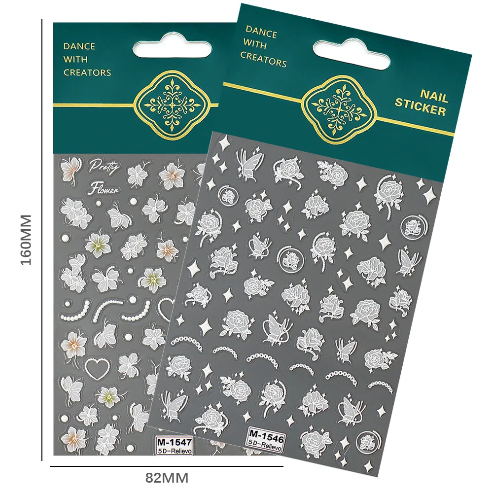 White Cartoon 5D Butterfly with Flowers Grass Custom 3D Manicure Nail Art Sticker Self-Adhesive Decals