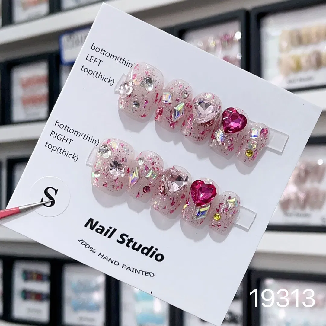 Handmade Shiny Pearl Heart Shape Red Pink Diamond Rhinestone OEM Glitter Short Press on Full Cover Fake Artificial Hand Fingernails Finishing Real Looking Nails