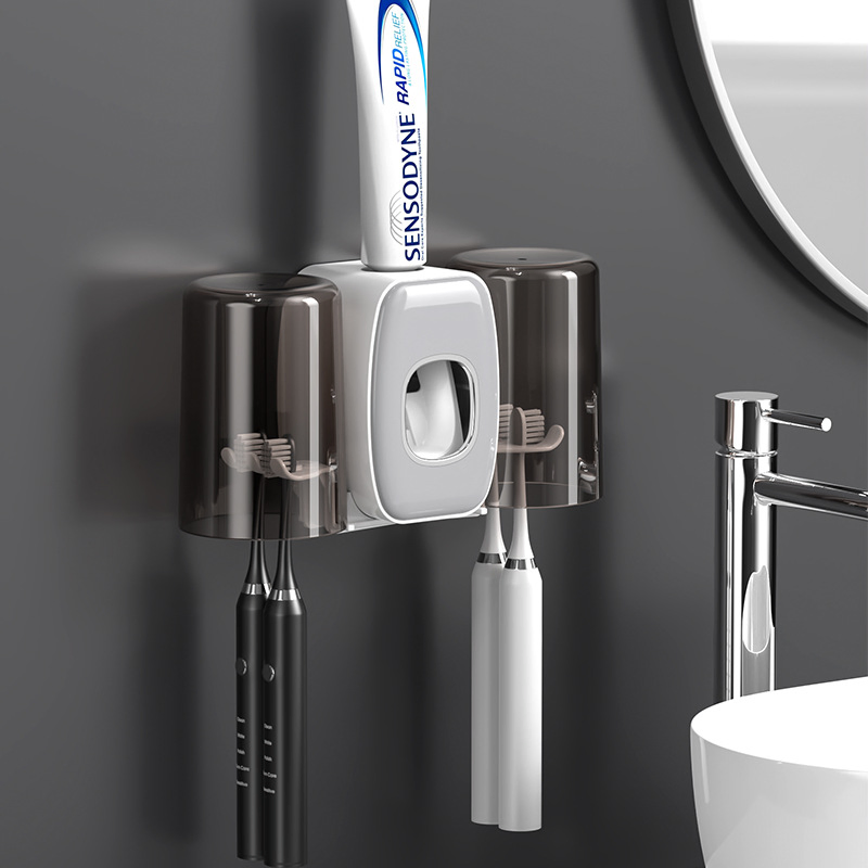 Bathroom Wall-Mounted Punch-Free Couple Toothbrush Holder Storage Rack with Automatic Toothpaste Squeezer