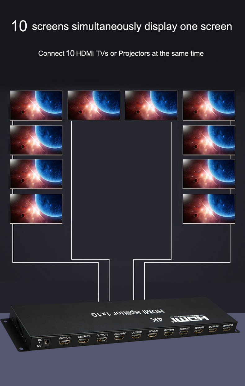 1.4 Ultra HD 1*10 HDMI Video Splitter 1 in 10 out Picture Splitter 4K 30Hz HDMI Splitter for DVD PS3 xBox with Power