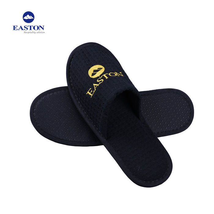 Hotel Disposable Black Cotton Waffle Closed Toe Hotel Slippers