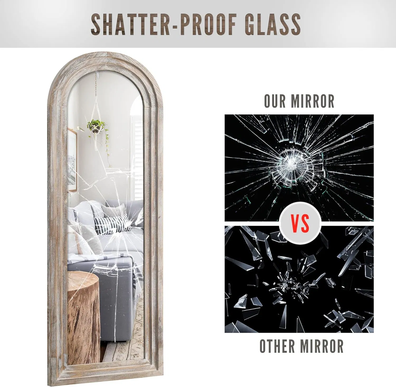 Distressed Wooden Framed Arched Floor Mirror - Wall-Mounted Dressing Makeup Mirror for Home Decoration - Ideal for Bathroom, Bedroom, Living Room, or Entryway