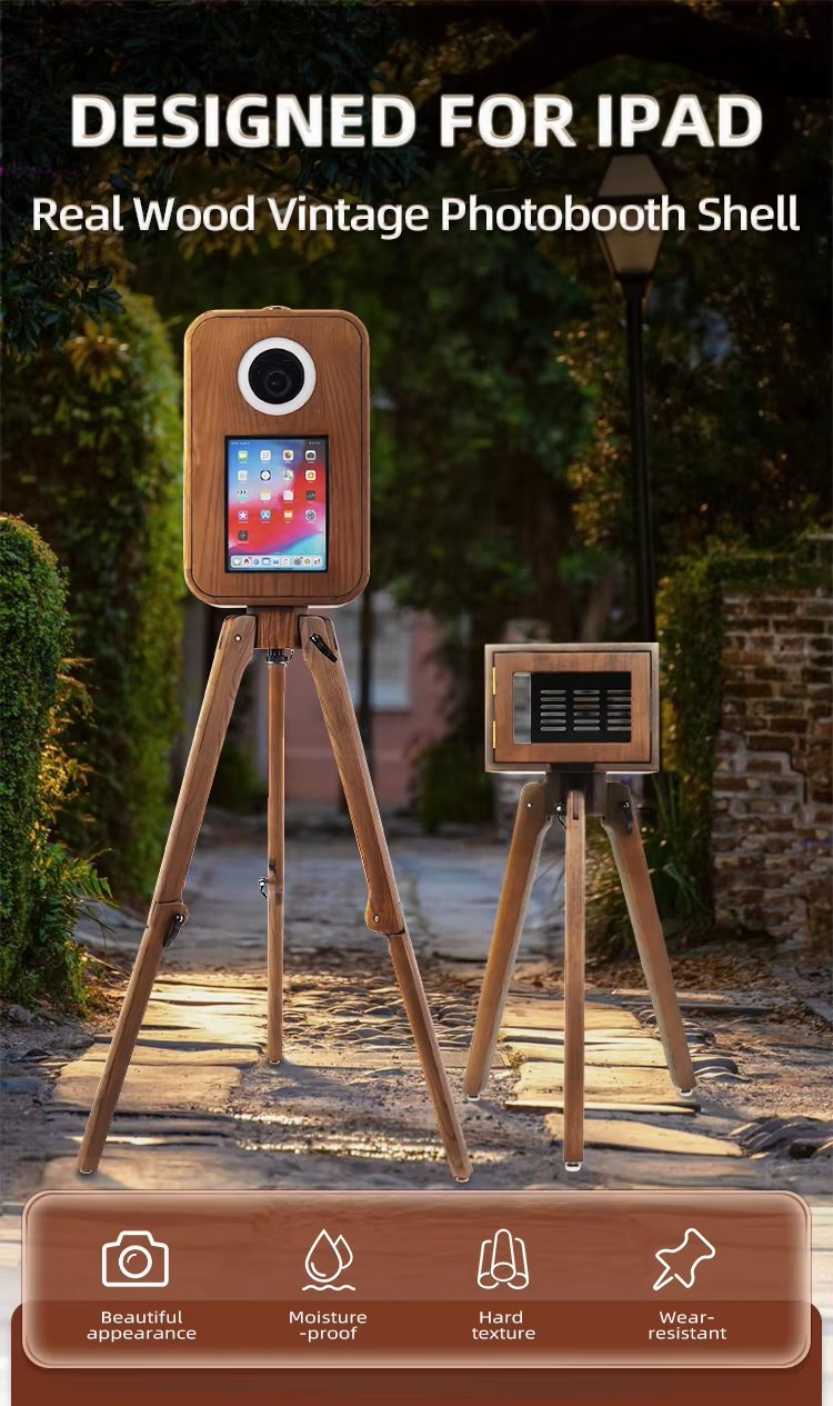 12.9'' iPad DSLR Double Sided Vintage Wooden Photobooth with 15.6'' Touch Digital iPad Photo Booth Shell