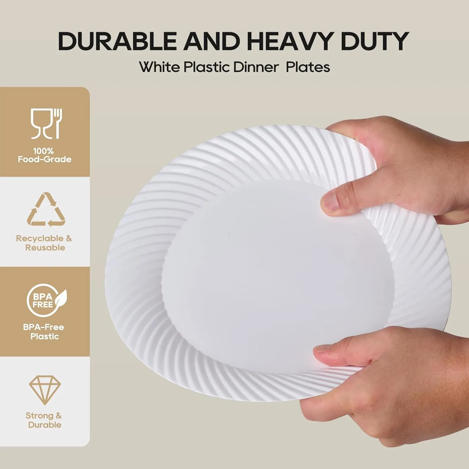 10 Inch White Plastic Plates with Threaded Rim Disposable Heavy Duty Dinner Plates, Premium Hard Plastic for Weddings, Parties and Events