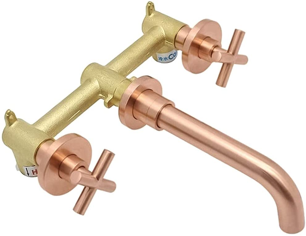 Luxury Solid Brass Bathroom Wall Faucet Widespread for Sink 3 Hole, 2 Cross Handles with Mixing Valve, Nickel Rose Gold