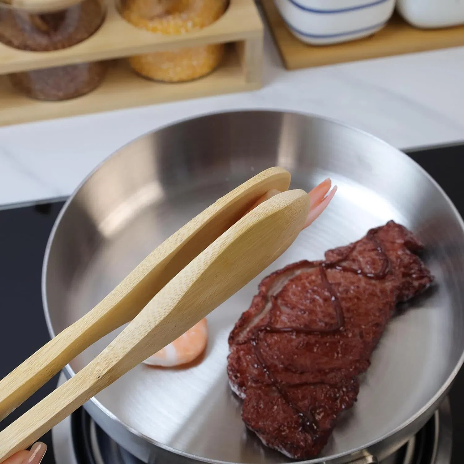 12 Inch Bamboo and Wood Pliers Are Used to Hold Food