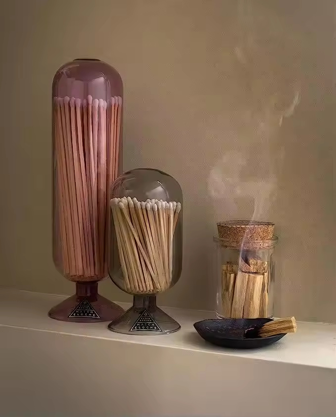 Chic Glass Cloche Matches Holder for Home Decor and Fireplace