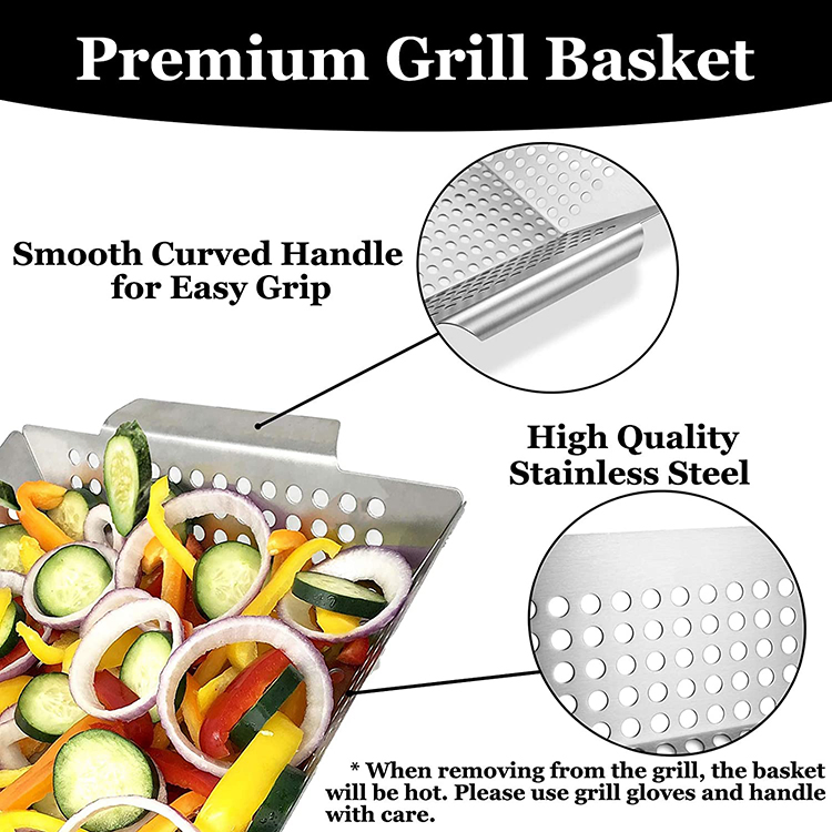 Heavybao BBQ Vegetable Tray Stainless Steel Vegetable Grilling Basket with Handle for Outdoor
