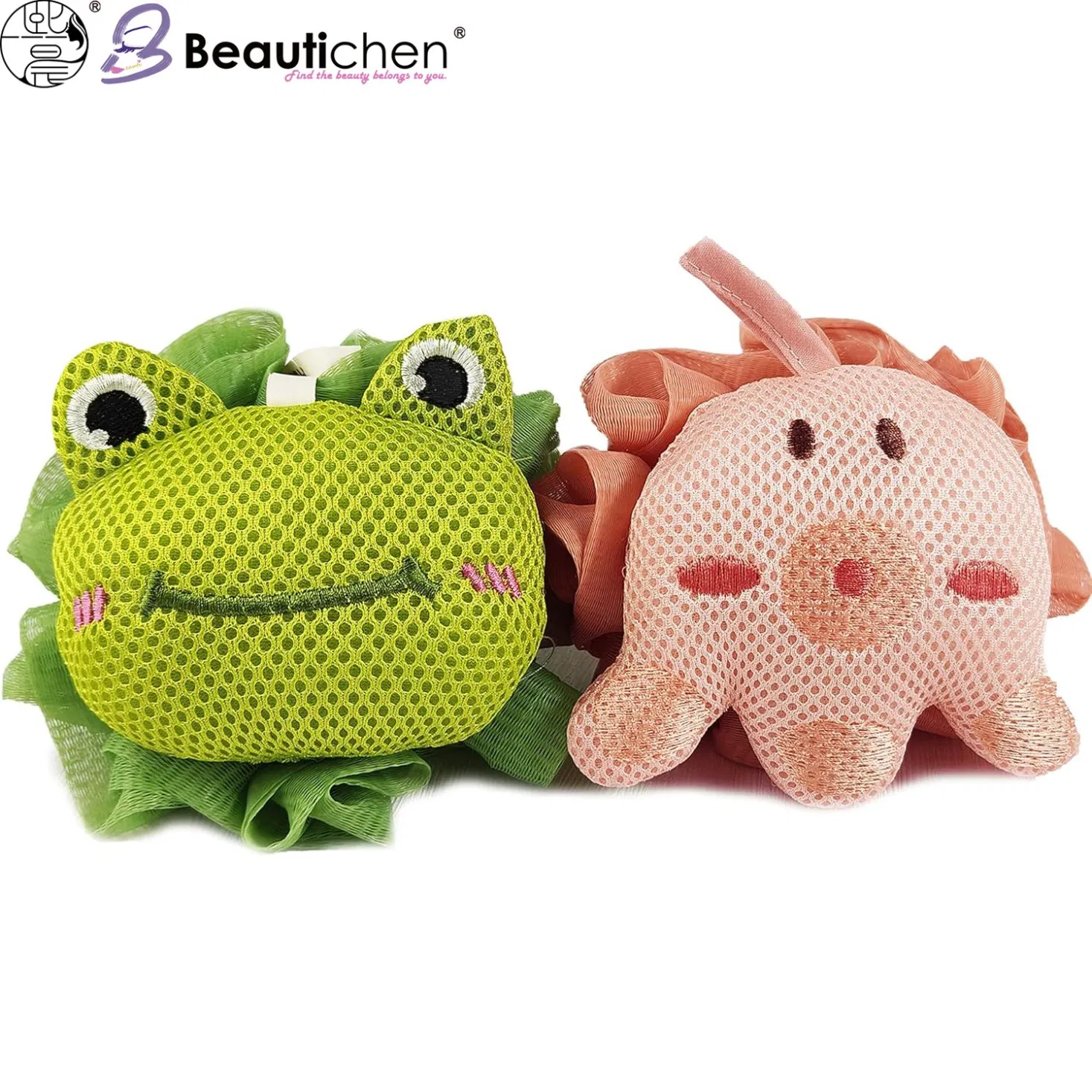 Beautichen Cartoon Bath Sponge Balls – Cute Frog & Octopus Design, Soft Mesh Shower Loofah for Kids & Adults, Gentle Foaming Body Scrubber with Fun Animal