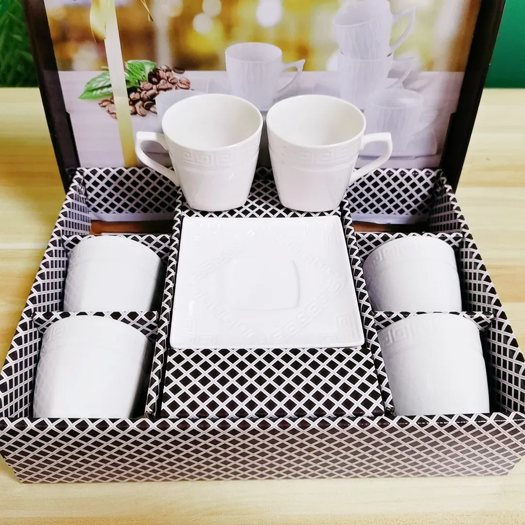 Low Price Hot Sell European Style Porcelain Espresso Cups White Simple Embossed Pattern 12PCS Ceramic Coffee Cups and Saucers in Gift Box