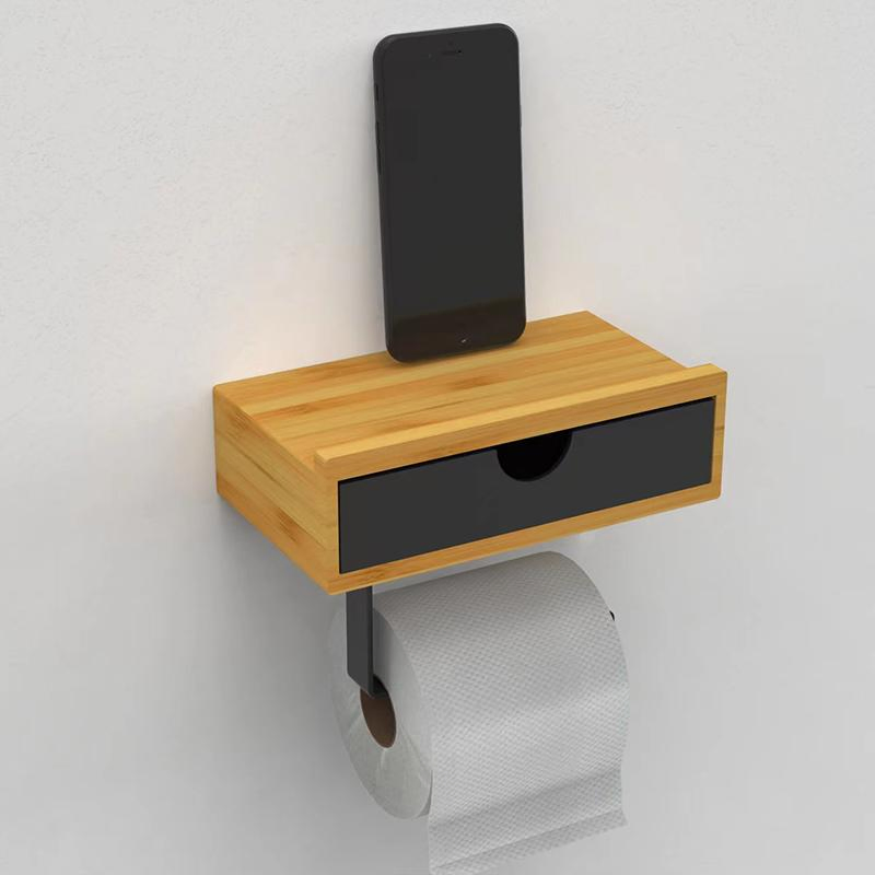 Bathroom Bamboo Wall Mounted Paper Roll Holder with Drawer Organizer