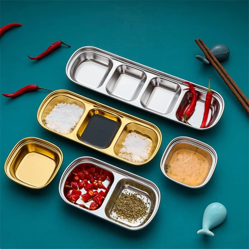 4 PCS Dipping Sauce Dish Set Stainless Steel Condiment Dishes Sub-Grid Seasoning Dishes Appetizer Snacks Bowl