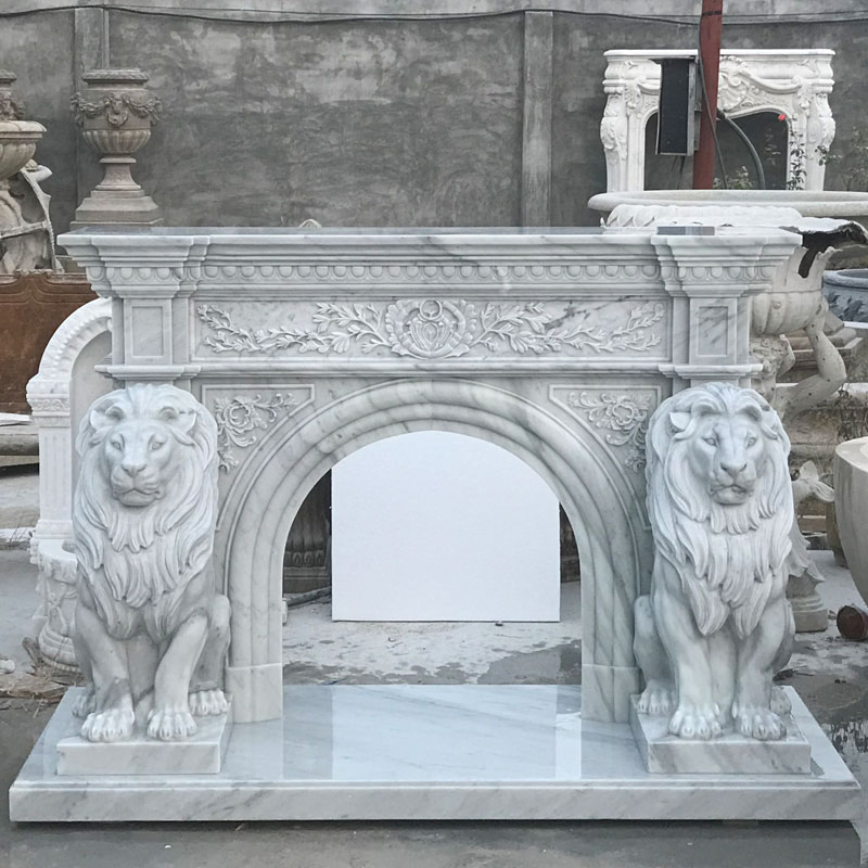 Hand Carving White Marble Fireplace Mantel with Marble Lion Statues Outdoor Fireplace Carving Sculpture