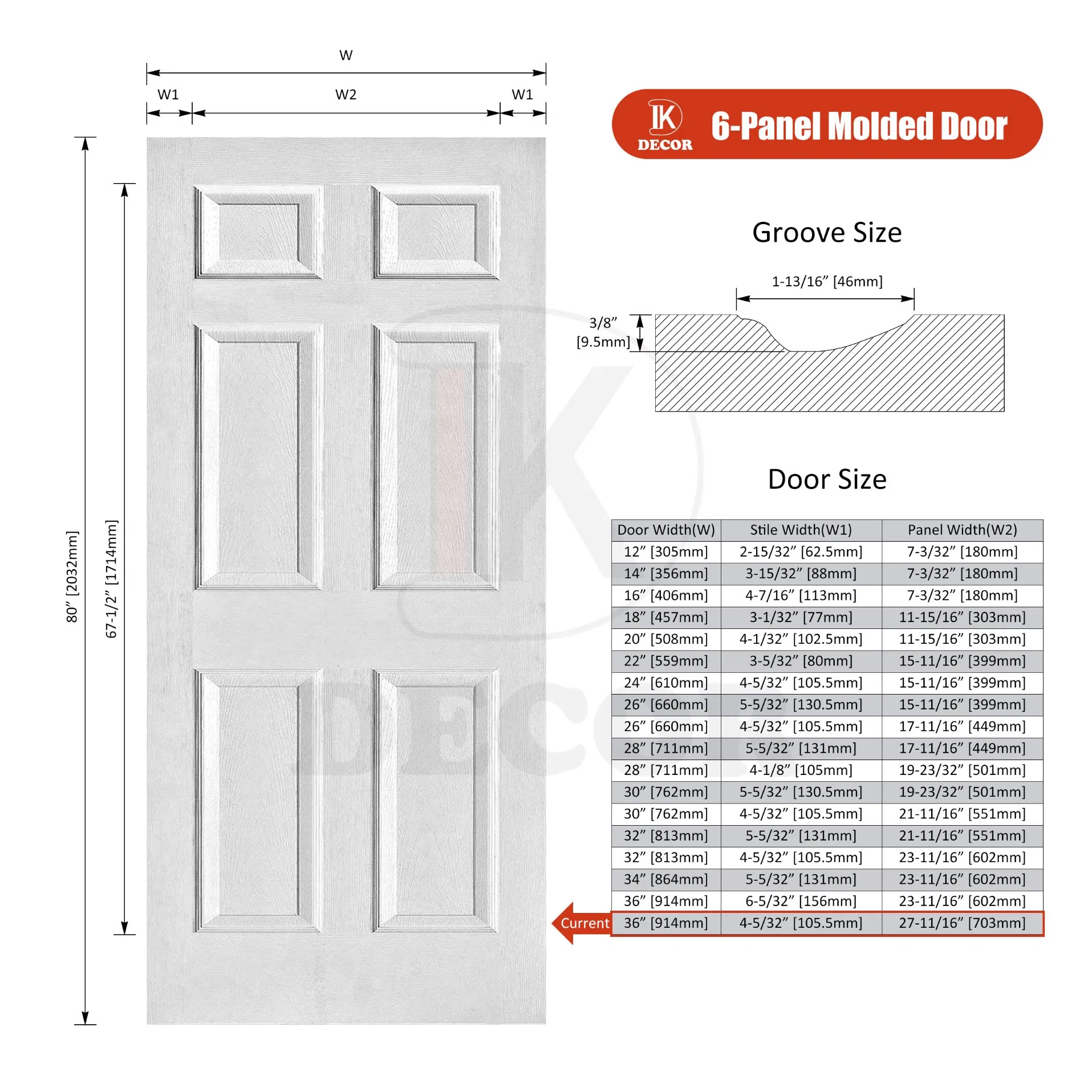 Modern Design White Primer HDF 6 Panel Interior Hollow Core Moulded Doors