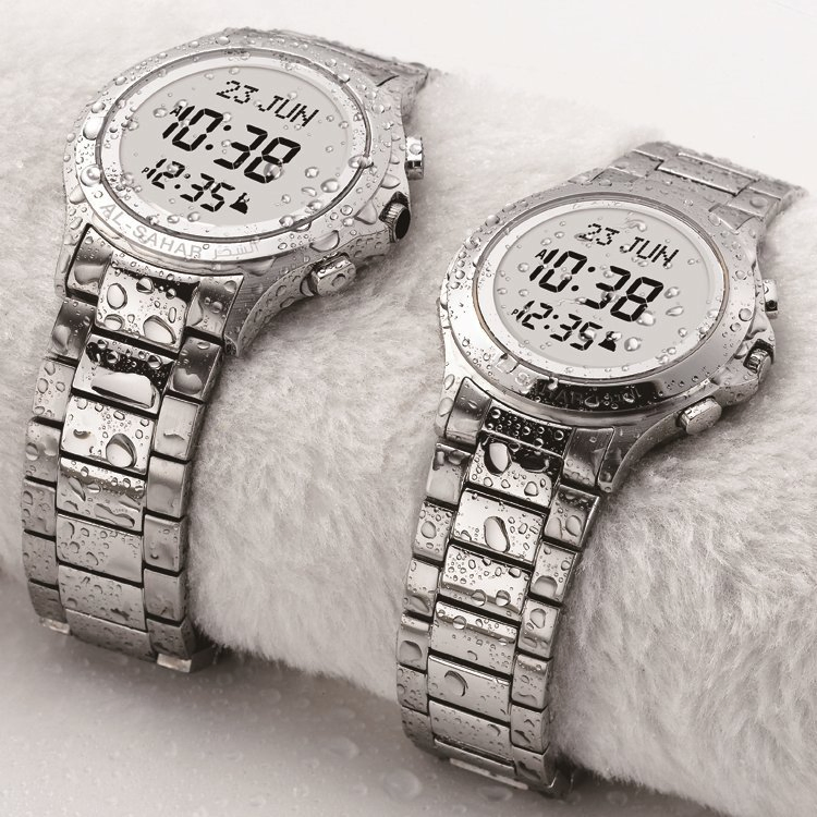 Fine Stainless Steel Elegant Couple Dual Time Analog-Digital Prayer Watch Islamic Mosque Azan Watch as-T002/T003