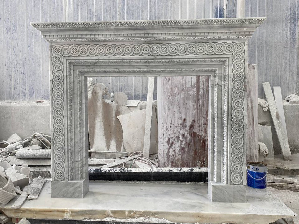 Hand Carved Natural Stone White Marble Fireplace Surround