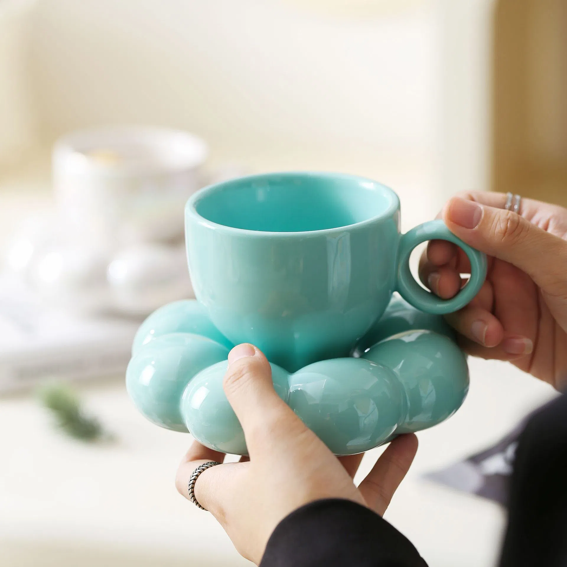 Cute Macaron Series Sunflower Coffee Cups and Saucers for Wedding Birthday Gift