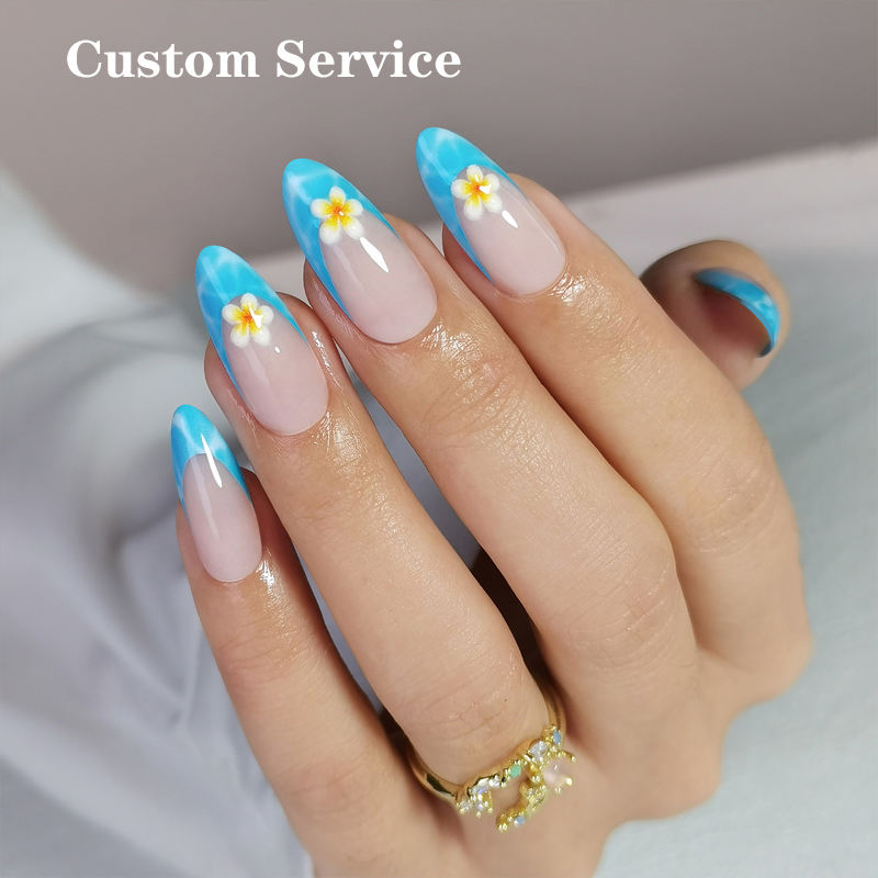 Wholesale Luxury Sea Blue 3D Flower French Summer Press on Nails