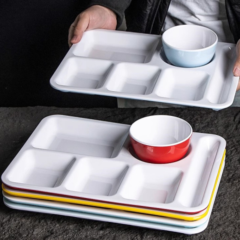 Custom 14-Inch Melamine Fast Food Tray Plastic Restaurants 6 Compartment Divided Plate