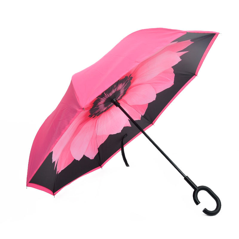 Customized Double Layer Windproof Inside out C Shape Handle Inverted Reverse Umbrella