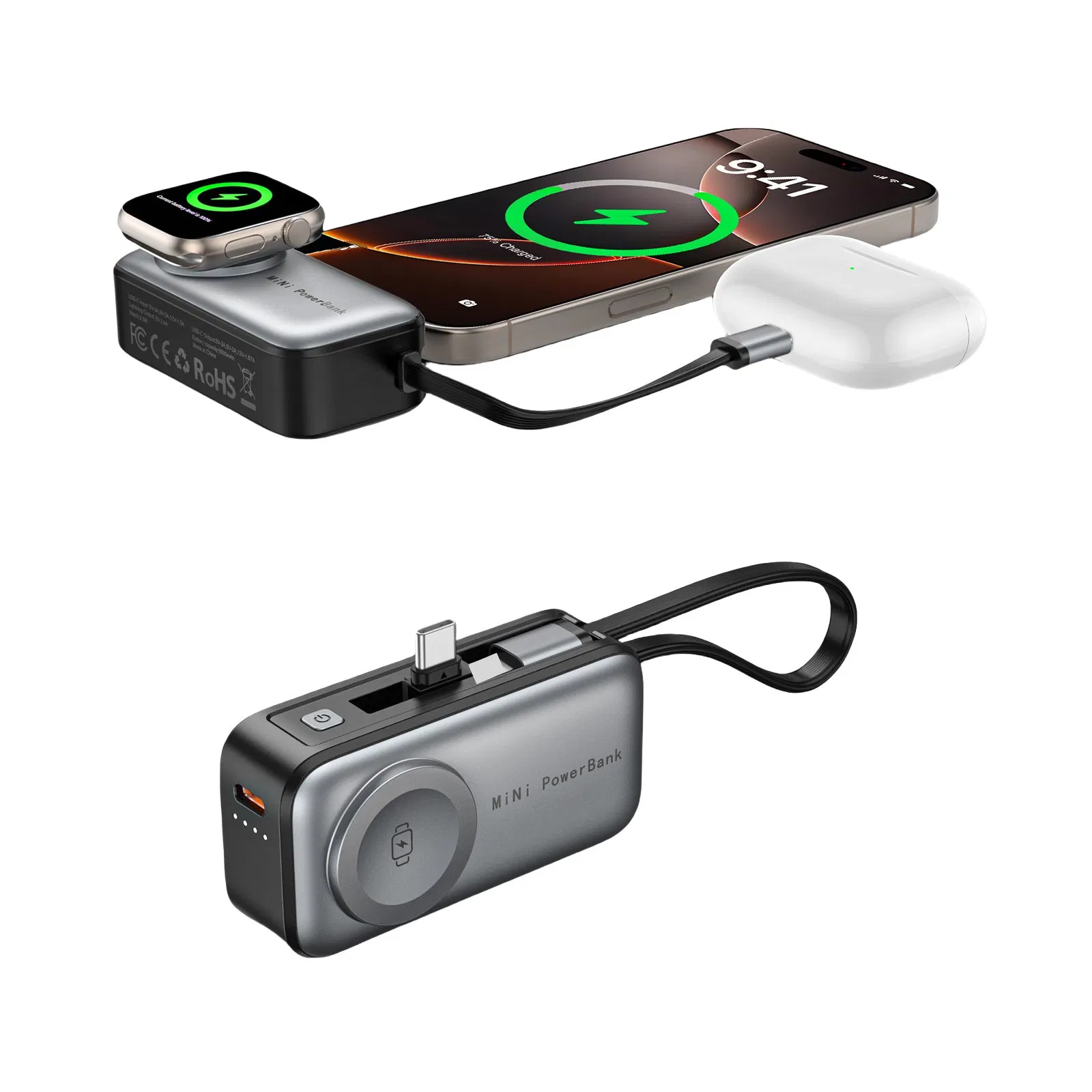 Мини-пауэрбанк 5000 мАч с беспроводной зарядкой 3-в-1