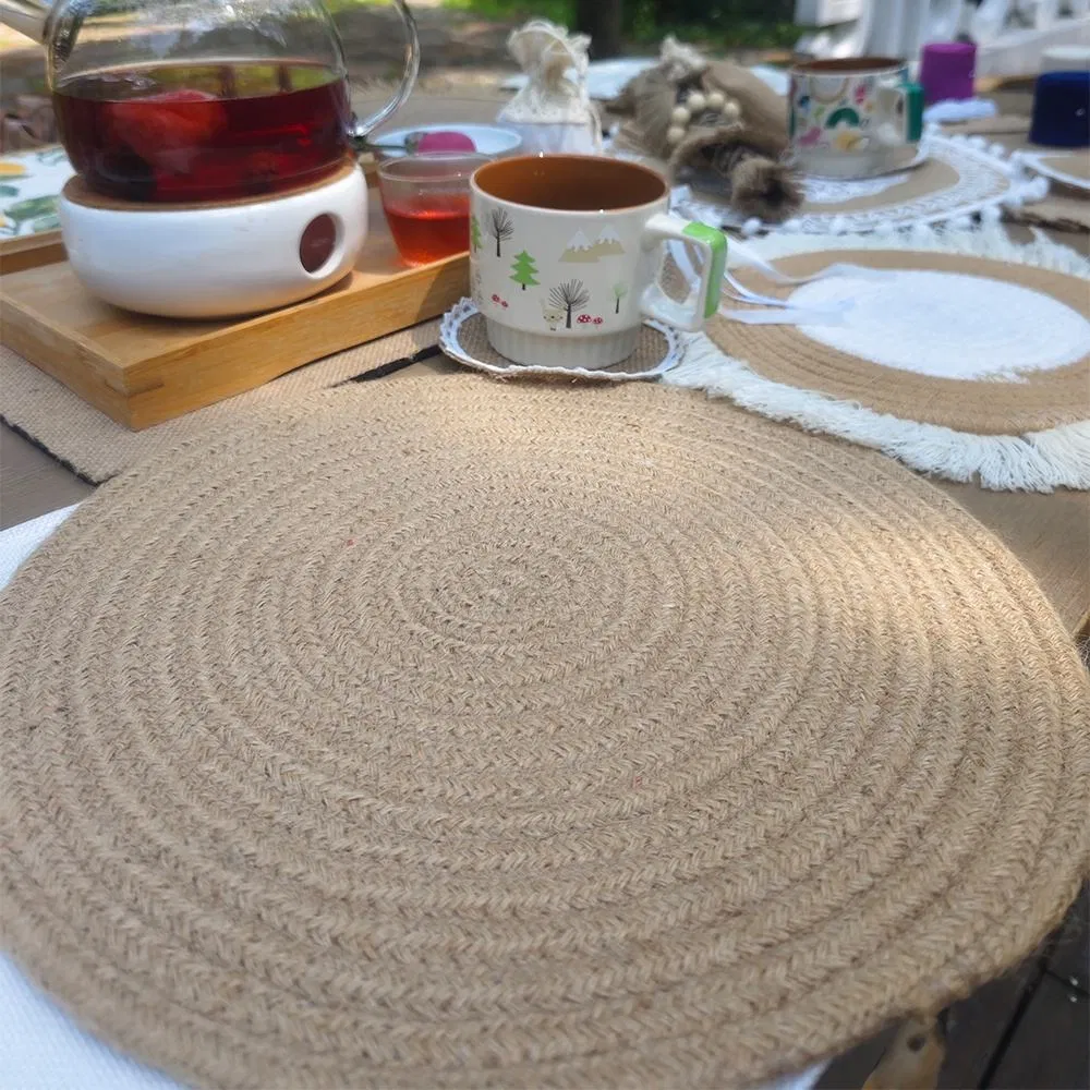 Farmhouse Round Jute Placemats with Fringe for Table Decorations 38cm