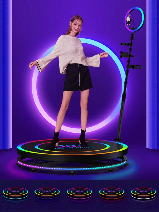 360 Lights Photo Booth Magic 360-Grad-Video Booth RGB Tempered Glass with LED Floor Photo Booth