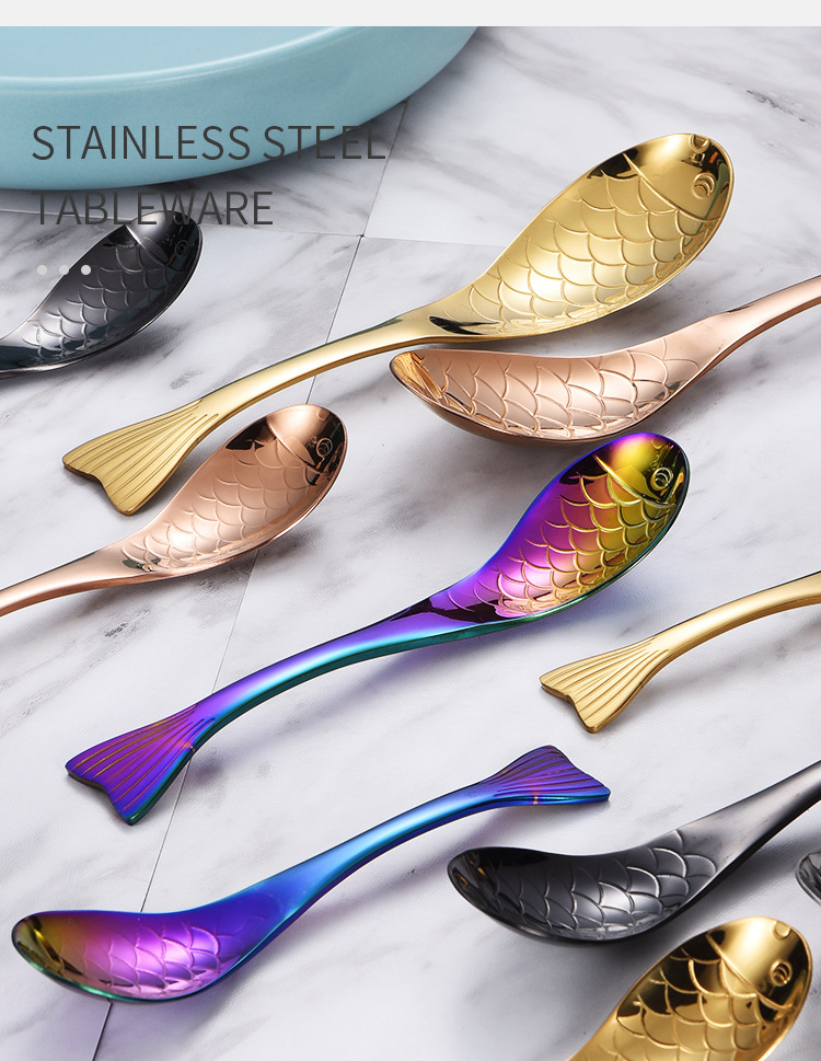 Fish Shape Novelty Baby Spoons Colourful Stainless Steel Preschooler Toddler Kids Spoon