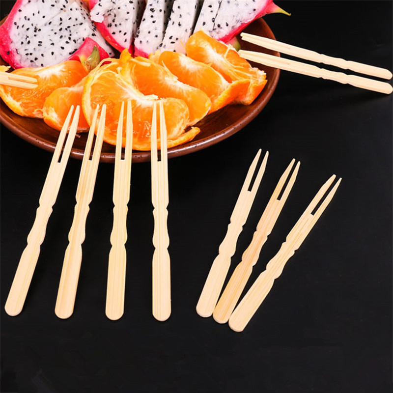 Party Supplier Bamboo Disposable Dessert Fruit Cake Forks Two-Tine Wooden Chip Fork
