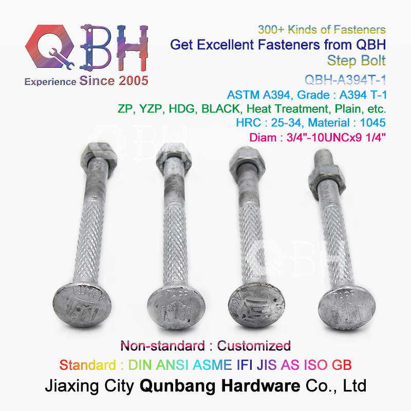 Qbh Customized ASTM A394-1 HDG Zp Yzp Plain Dacromet Geomet Carbon Steel Steel Structure Tower Carriage Knurl Round Head Double Step Bolt and & Nut Assembly