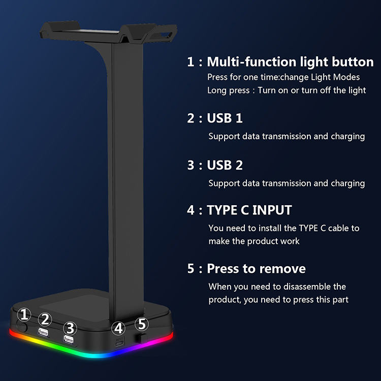 RGB Gaming Headset Stand with 2*2.0 USB Hub