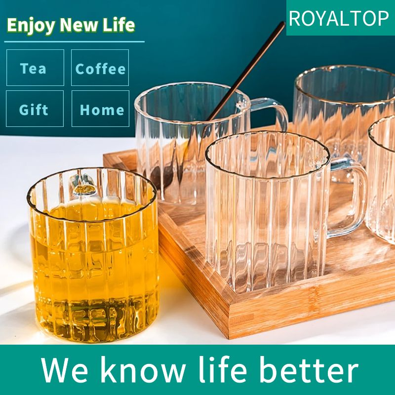 Minimalist Clear 350ml Borosilicate Pyrex Ribbed Glassware Cold Drink Beer Coffee Tea Glass Cups with Traced Gold Edge