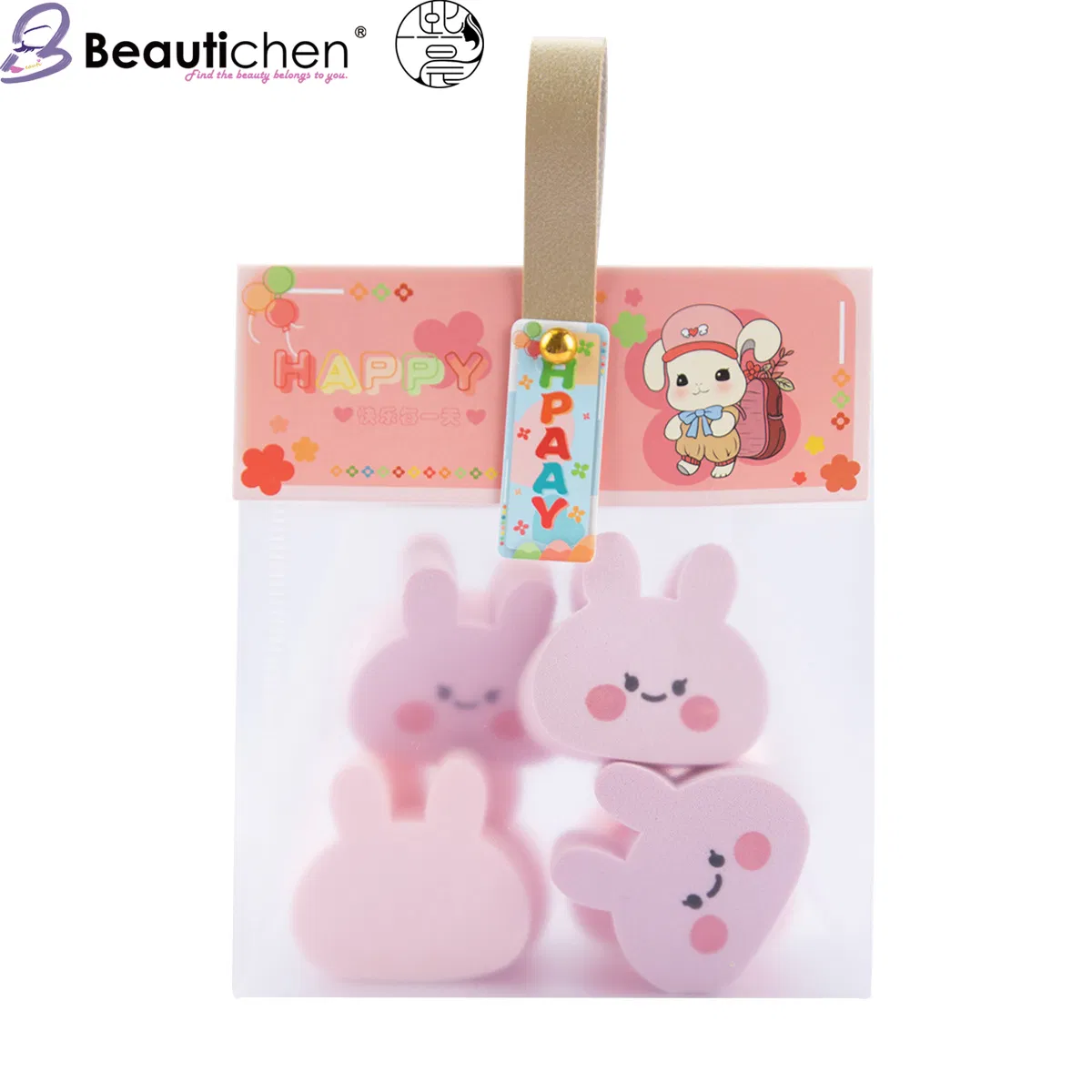 Beautichen 6PCS Rabbit Ear Design Puff Set - 2 Colors Dry/Wet Dual Use Non-Absorbent Makeup Sponge in Pouch (Latex-Free)