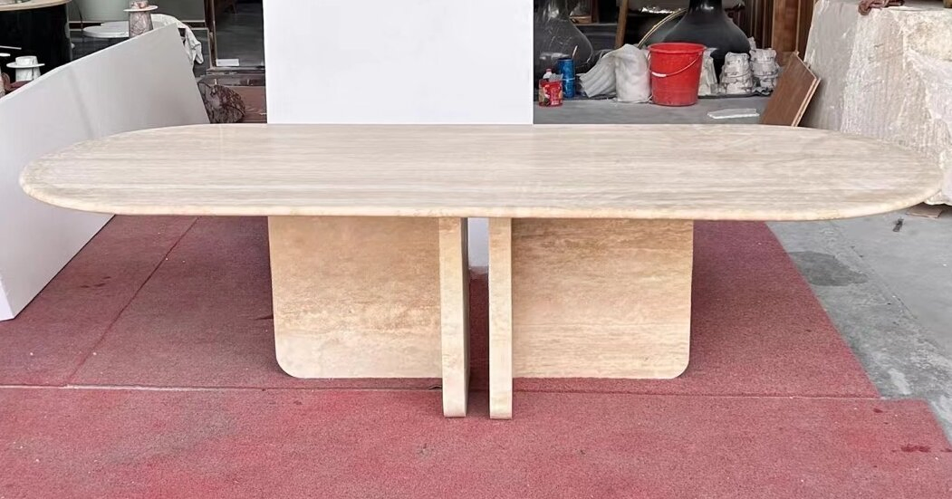 Natural Stone polished/honed/matt Beige/white Travertine Rectangular Dining Table for interiors/indoor furniture decoration