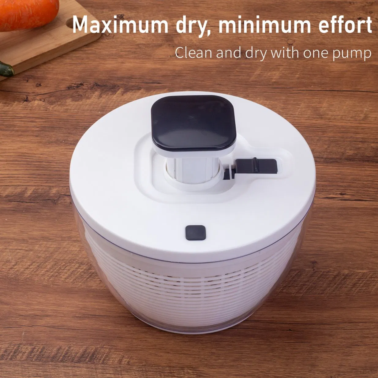 White Pump-Action Salad Spinner with Storage Lid Quick, Manual Vegetable Dryer