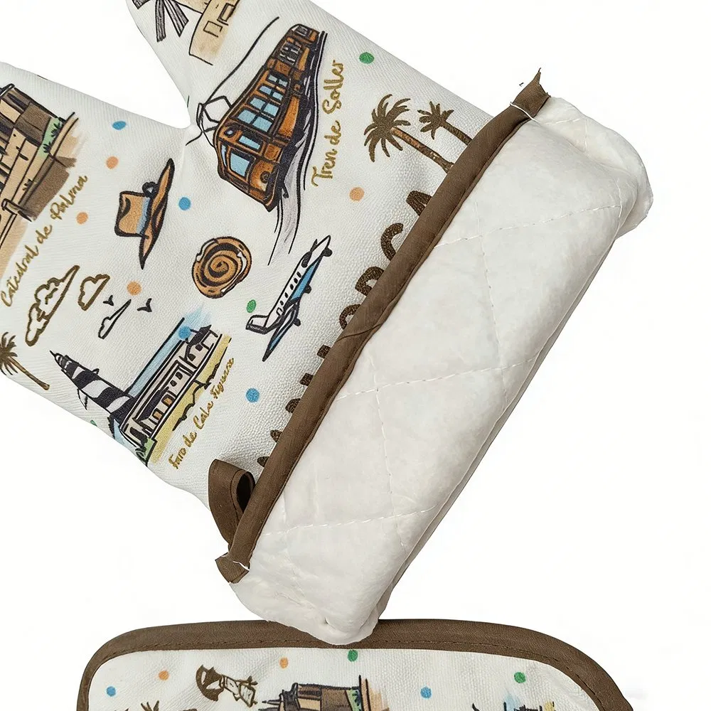 Esun Extra Thicken Long Printing Kitchen Cotton Non-Slip Oven Gloves for Cooking