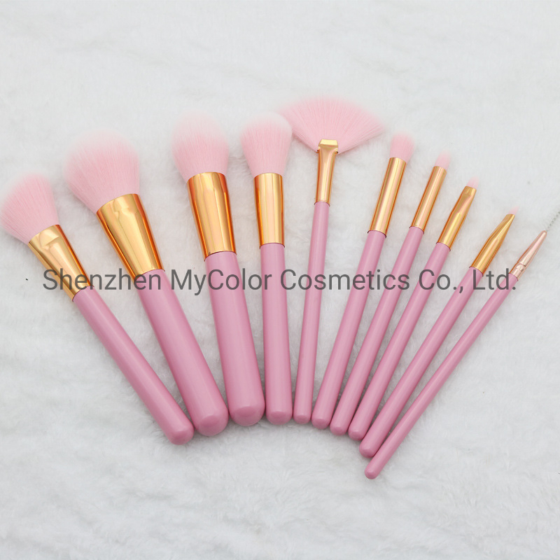 Custom Logo Makeup Brushes 10PCS Pink Brush Set Powder Fan Eyelash Curler Brush Maquiagem