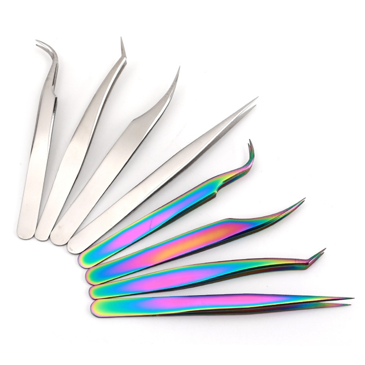 4PCS Custom Logo High Quality Stainless Steel Rainbow Straight Curved Lash Volume Diamond Grip Eyebrow Eyelash Extension Tweezers Set