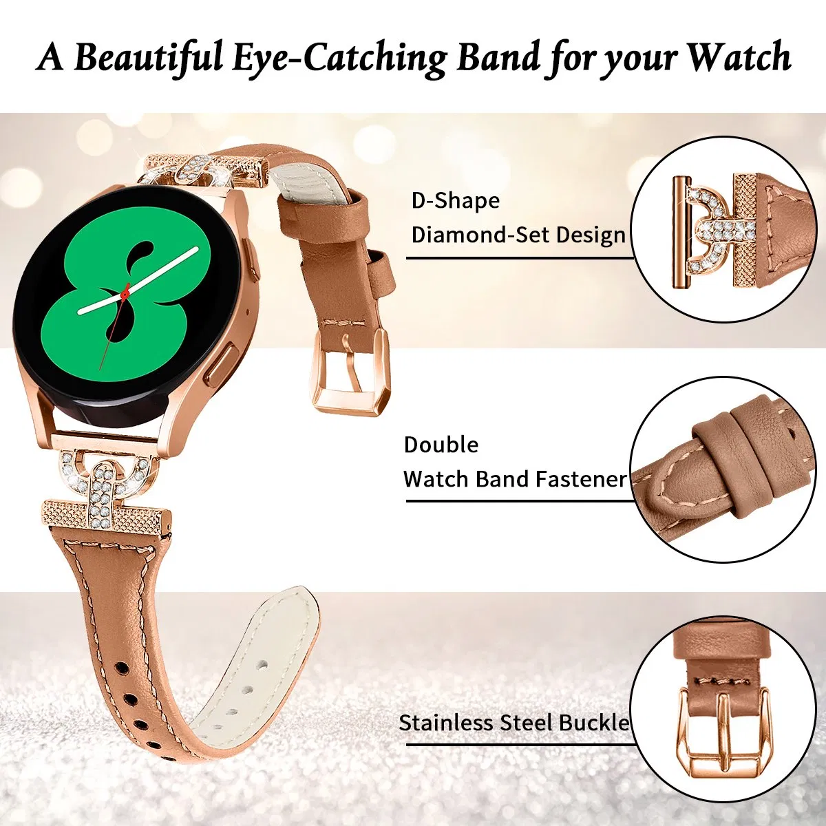 Ремешок для Samsung Galaxy Watch 4/5, кожаный, с камнями