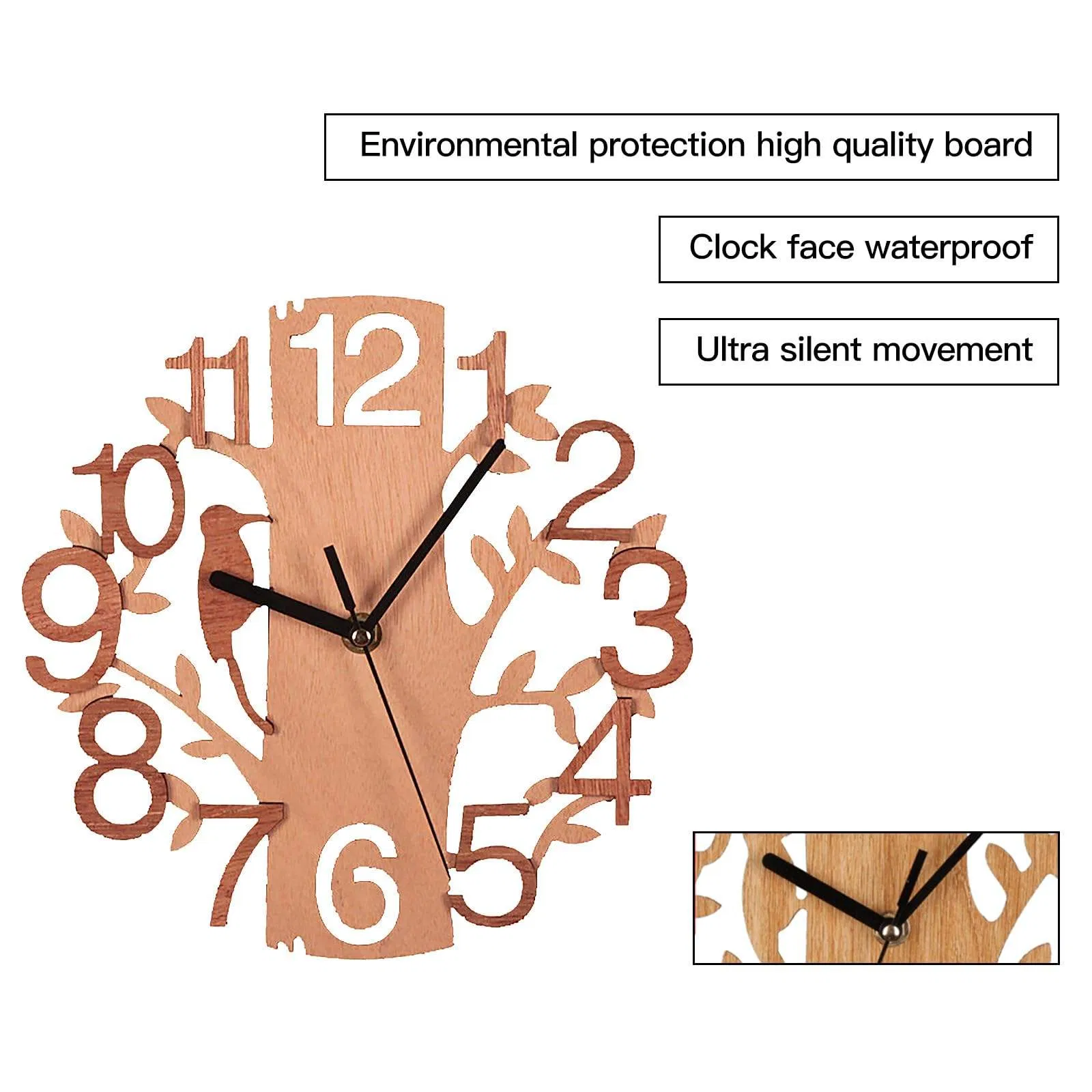 Wall Clock 9 Inch Wood Bird Design Silent Non-Tick Battery Powered MDF Decorative Wall Clock
