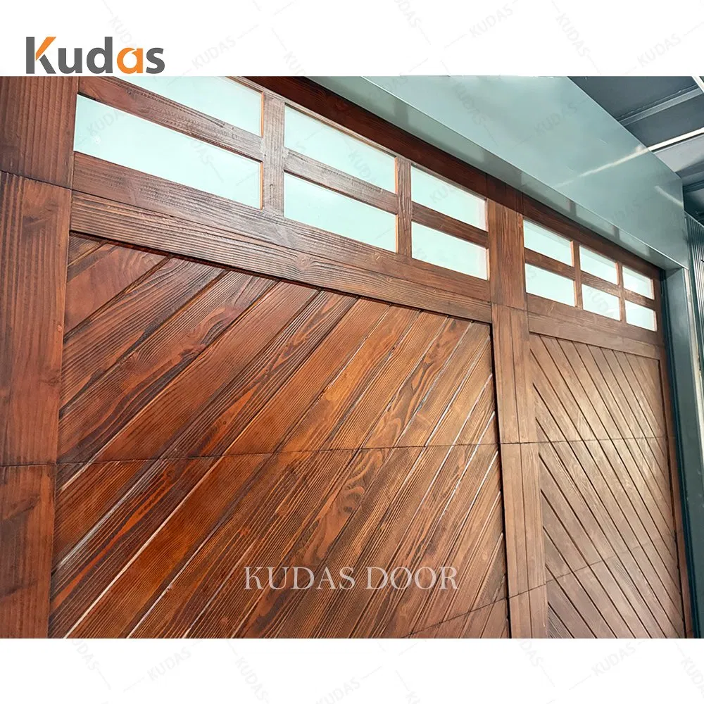 Energy Efficient Black Walnut Solid Wood Look Aluminum Track Slide up Garage Doors with Top Double Glass Windows