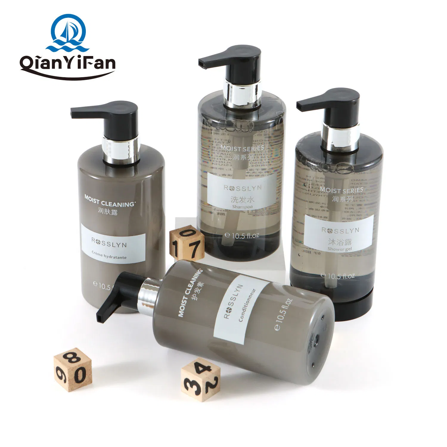 Rosslyn Extreme Moisture Wash Set Can Be Customized with Various Sizes of Shampoo, Shower Gel, Body Lotion, and Conditioner.