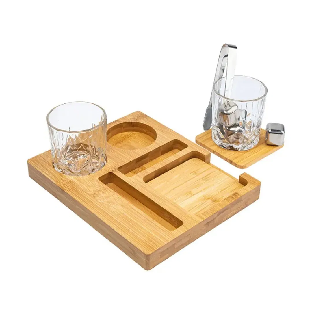 Wholesale Luxury Collins 10 Piece Whiskey Set Customized Creative Crystal Whiskey Glasses with Coasters Bamboo Tray