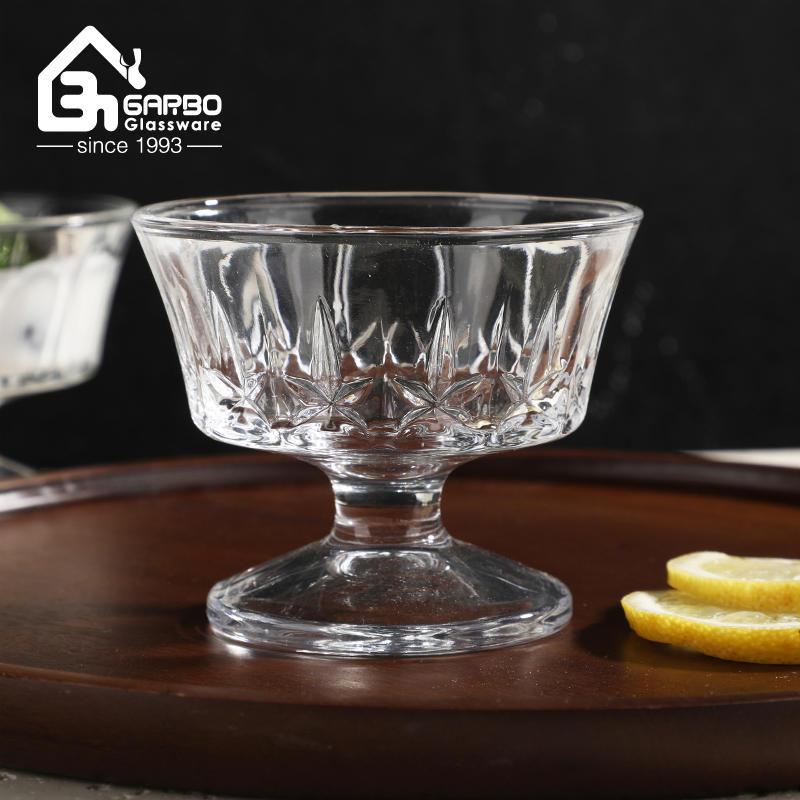 High Quality Engraved Design Glass Ice Cream Bowl with Stand