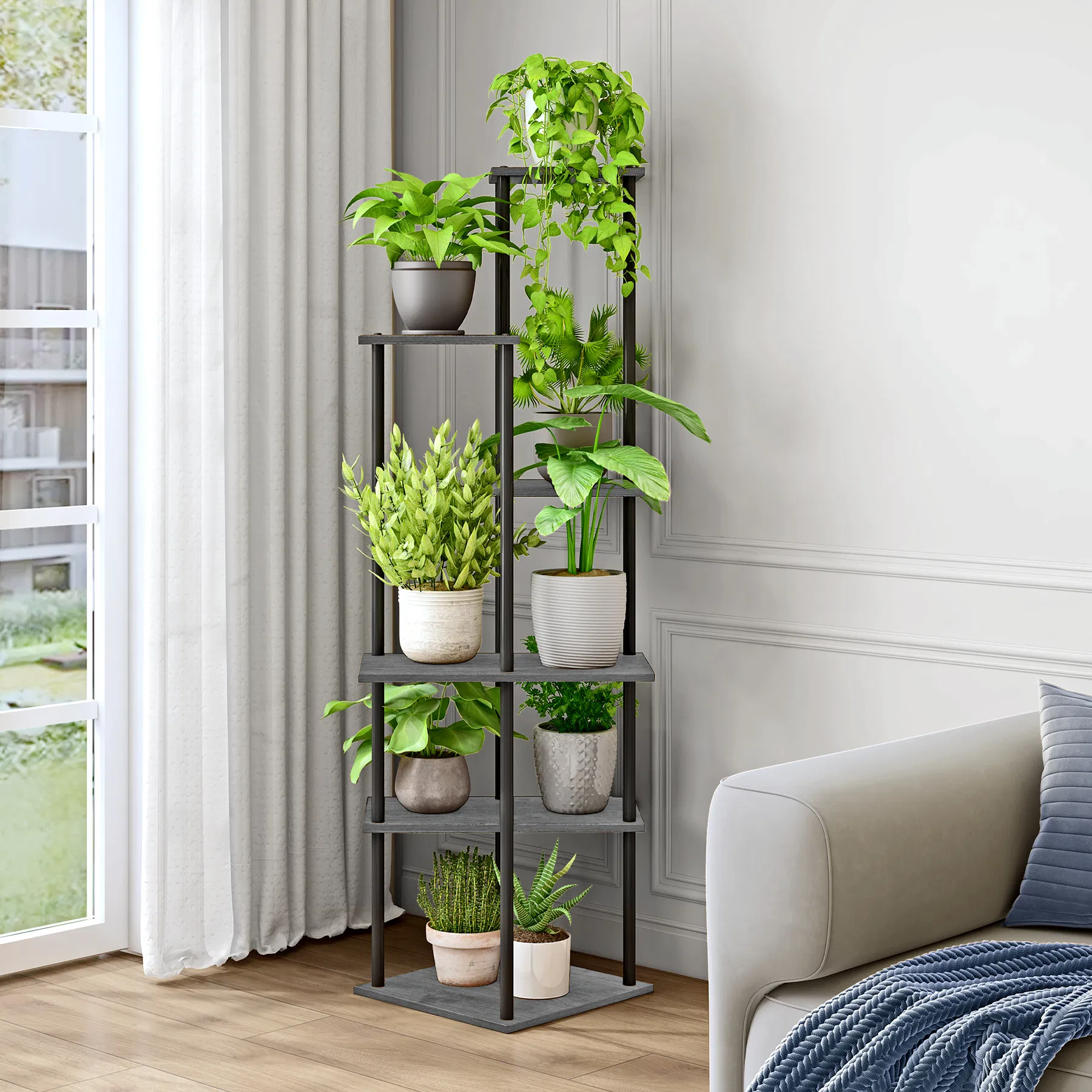 Stylish 6-Tier Corner Plant Stand with Steel and Wood