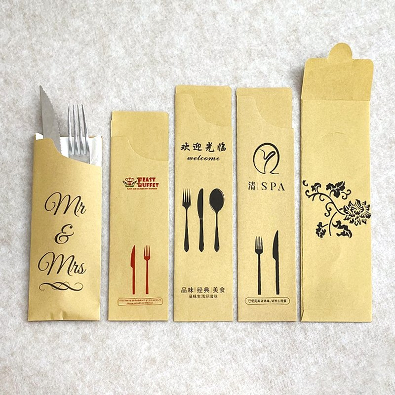 Custom Printing Restaurant Knife Fork Spoon Paper Pouch Silverware Flatware Kit Paper Pocket Cutlery Set Kraft Paper Bag with Logo