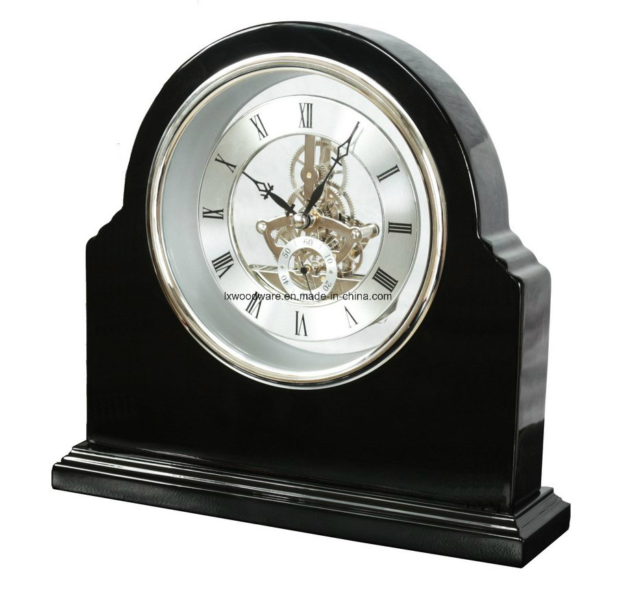 Grand Black High Gloss Finish Wooden Skeleton Clock