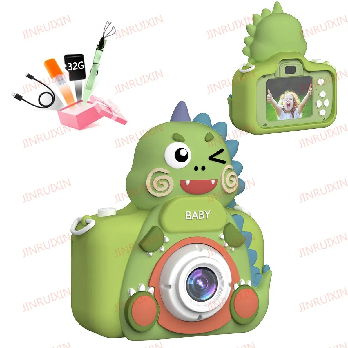 New Hot Sell Foreign Trade New Children's Camera Cartoon Green Dinosaur HD Double Shot Game